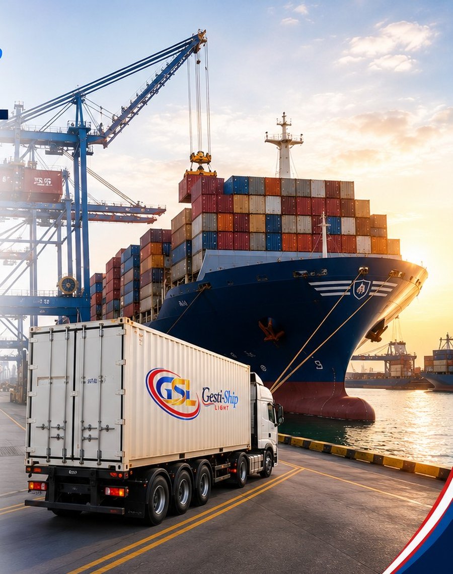 Camion GSL chargé face à un porte-conteneurs, prêt pour l'export