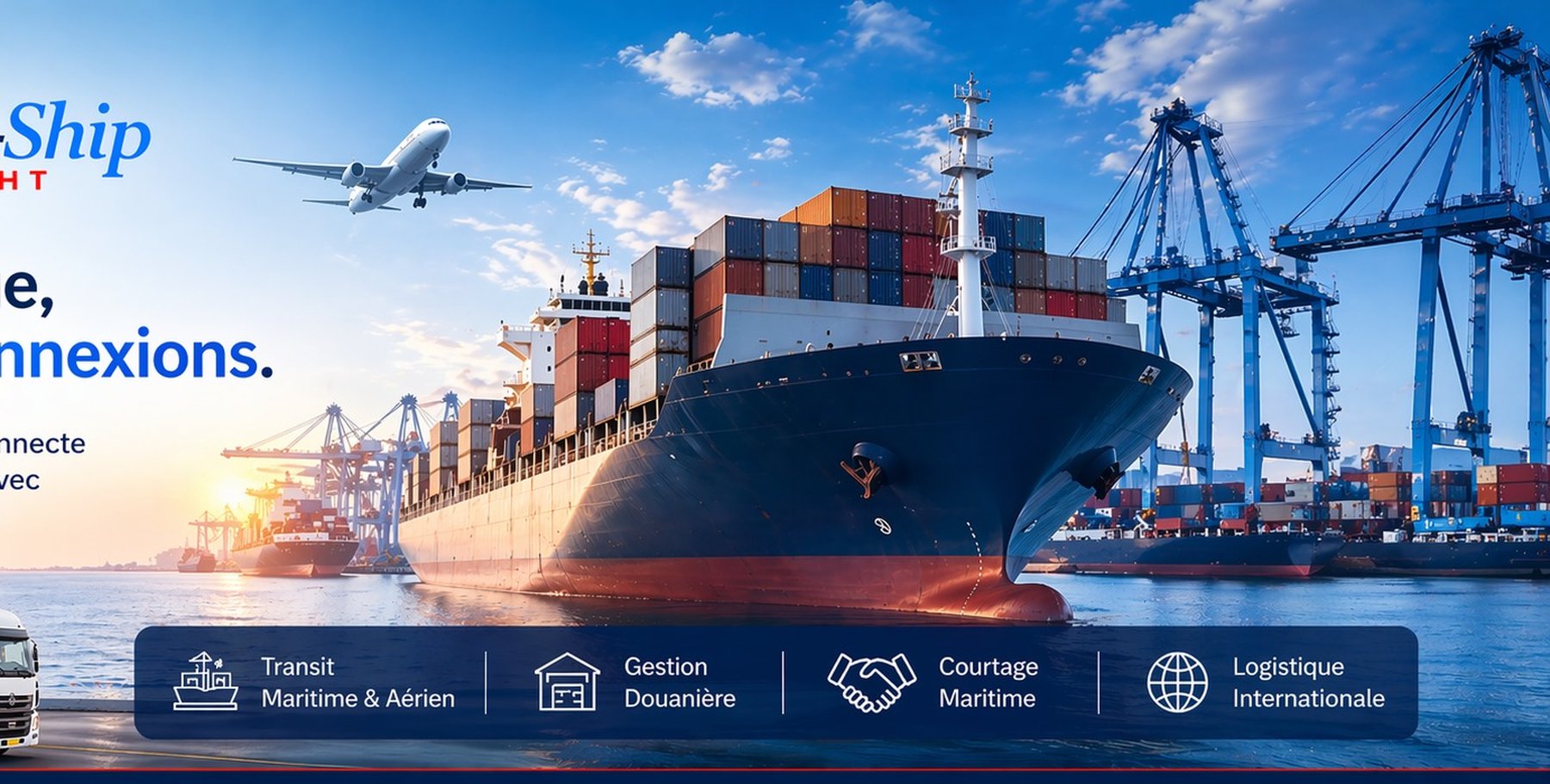 Navire porte-conteneurs, grues portuaires et camion GSL au Port Autonome de Cotonou