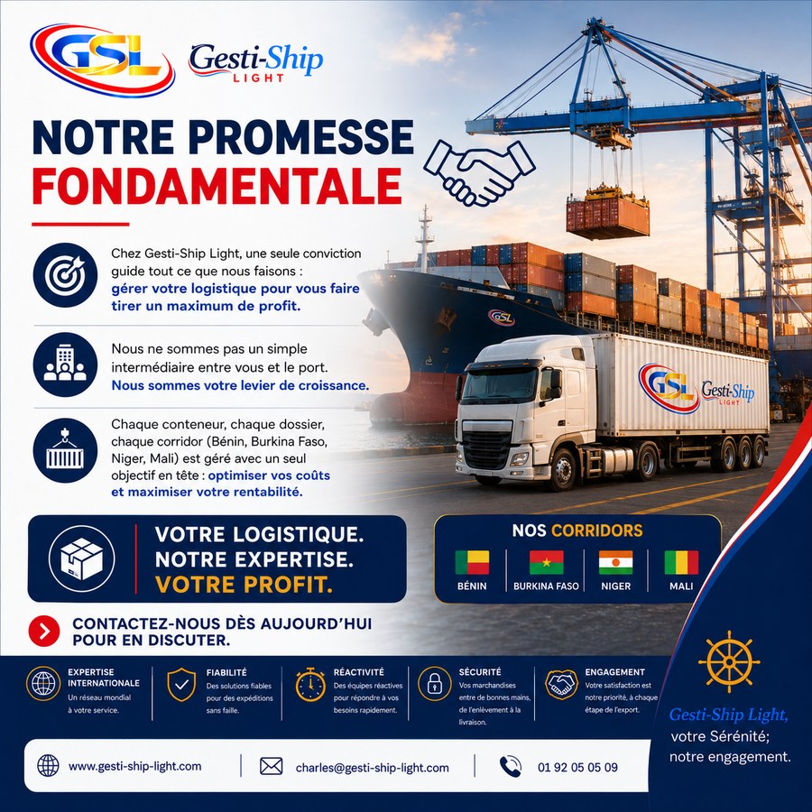 Notre promesse fondamentale GSL : gérer votre logistique pour maximiser votre profit, corridors Bénin, Burkina Faso, Niger, Mali